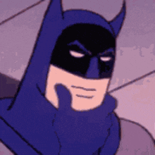 a cartoon of batman wearing a blue cape and mask with his hand on his chin .