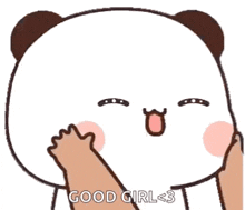 a panda bear with a hand on its face and the words `` good girl '' written on it .