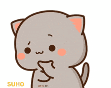 a cute cartoon cat is thinking about something while holding its chin .