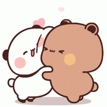 two cartoon bears are hugging each other with hearts flying around them .