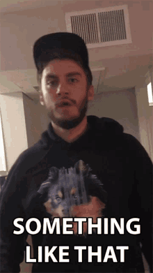 a man with a beard wearing a hat and a hoodie says something like that